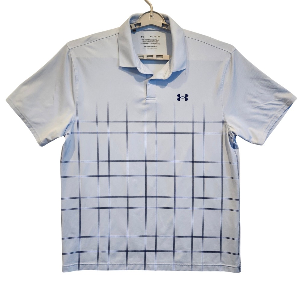 Under Armour Mens‎ XL Performance Polo Shirt Blue Grid Pattern Golf Loose